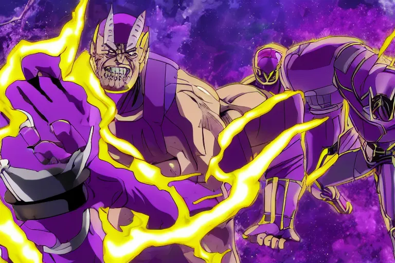 Prompt: Epic anime clash between Thanos and Shaggy, digital art, final confrontation, animated series, epic scene, zoom lines, 4k