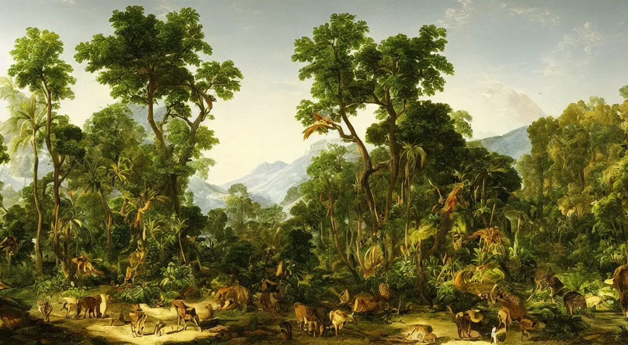 Image similar to a beautiful painting of tropical plants and animals, by asher brown durand