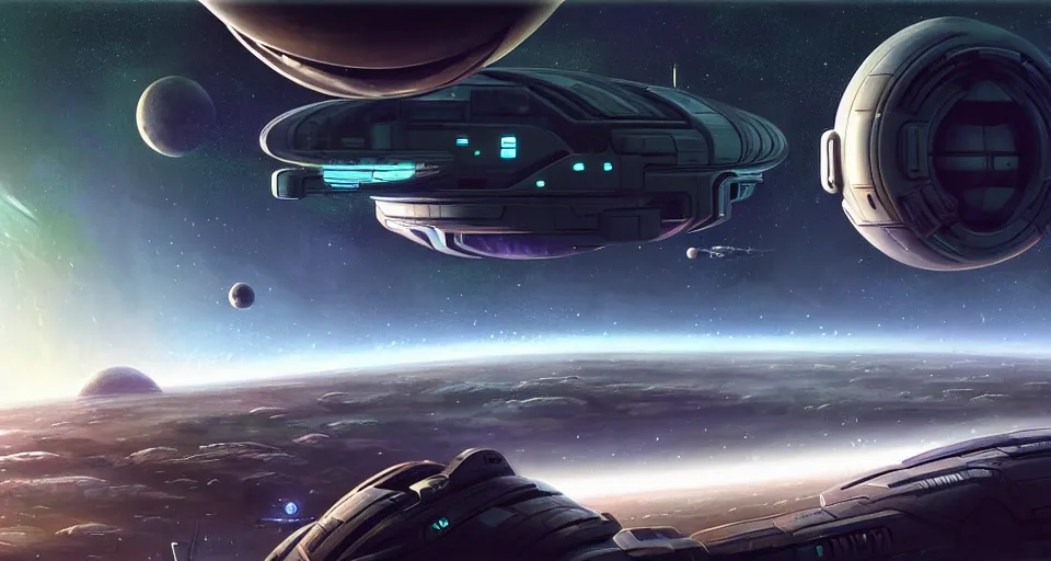 Prompt: one! futuristic round space station!!!! in orbit above a green planet!!!! | starships!! | realistic!! sci - fi matte concept art painting, painted by andree wallin!!, mass effect!, james gurney, elysium, and halo, smooth, intricate!!, detailed!!, sharp focus