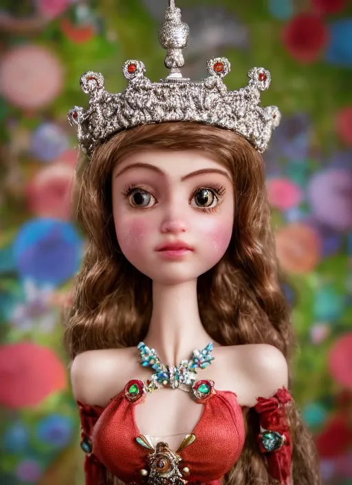 Image similar to closeup profile portrait of tin toy fairytale princess wearing a crown, bikini, depth of field, zeiss lens, detailed, symmetrical, centered, fashion photoshoot, by nicoletta ceccoli, mark ryden, lostfish, breathtaking, 8 k resolution, extremely detailed, beautiful, establishing shot, artistic, hyperrealistic, octane render