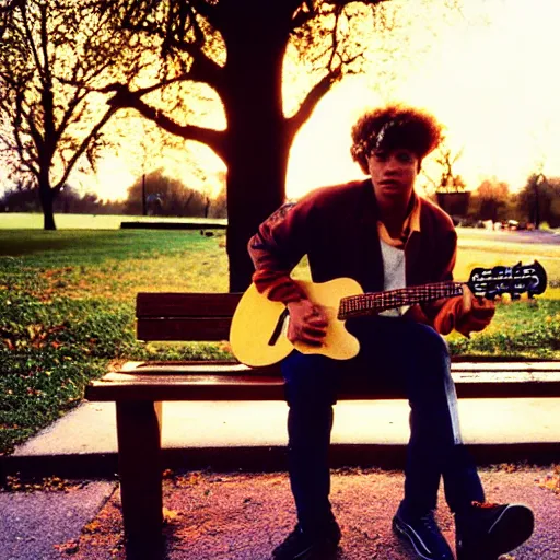 Image similar to 1 9 9 0 s candid 3 5 mm photo of a man sitting on a bench in a park playing guitar, cinematic lighting, cinematic look, golden hour, the clouds are epic and colorful with cinematic rays of light, photographed by petra collins, uhd