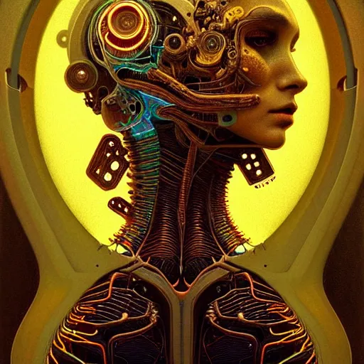 Image similar to extremely psychedelic beautiful brutalist cyborg organism infected by night. intricate, elegant, highly detailed, extremely lifelike photorealistic digital painting, artstation. steichen, gaston bussiere, tom bagshaw, brutalist cyberpunk alphonse mucha. elegant minimalism. anatomically correct. sharp focus. gold with white accents. surreal lush cosmic hallucination