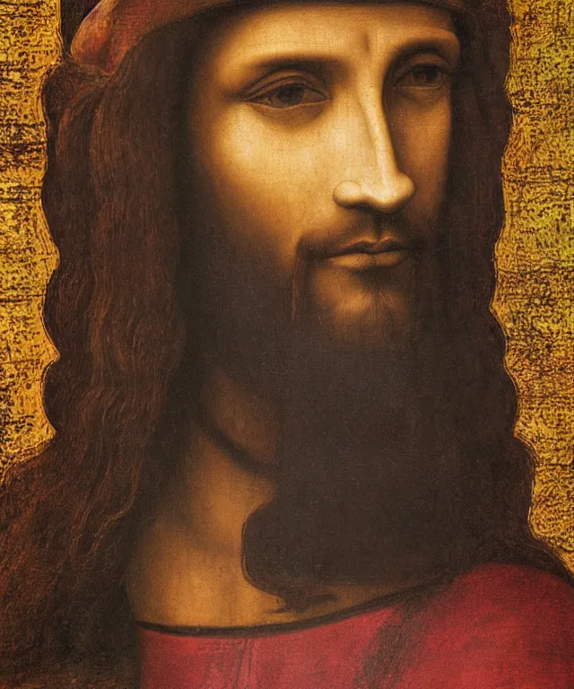 Image similar to portrait of mexican jesus, leonardo di vinci, painting, mexican colors