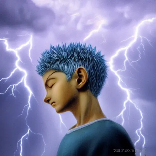 Prompt: killua zoldyck made by zdzisław beksinski, thunderstorm, lighting, blue, pose, 8 k, detailed, high quality, 8 k, detailed clothes, detailed hair, opened eyes