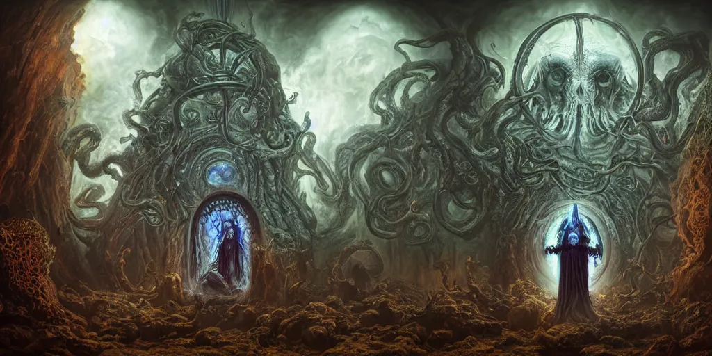 Image similar to photorealistic matte painting photography of circle group of necromancer priest in an invoking ritual in front of a viscosity cthulhu within a lovecraft portal, art by david lachapelle, photography by annie leibovitz, wide - angle portrait, atmospheric lighting, rich deep colors masterpiece, fractal crystals