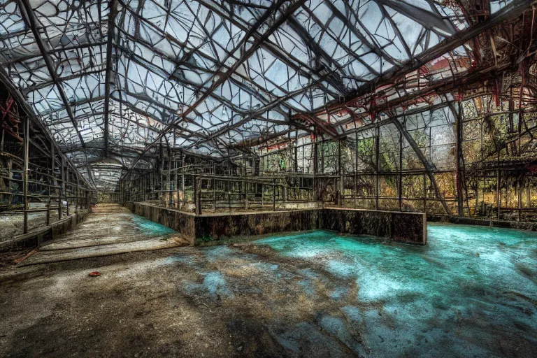 Prompt: creepy and wet abandoned waterpark, professional photography, highly detailed, sharp focus, hdr, 8 k, hd, trending on pexels, by marc adamus