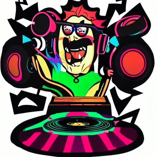 Image similar to svg vector sticker of absolutely insane-mad-scientist-villain, rocking out, wearing headphones, huge speakers, dancing, rave, DJ, spinning records, digital art, amazing composition, rule-of-thirds, award-winning, trending on artstation, featured on deviantart