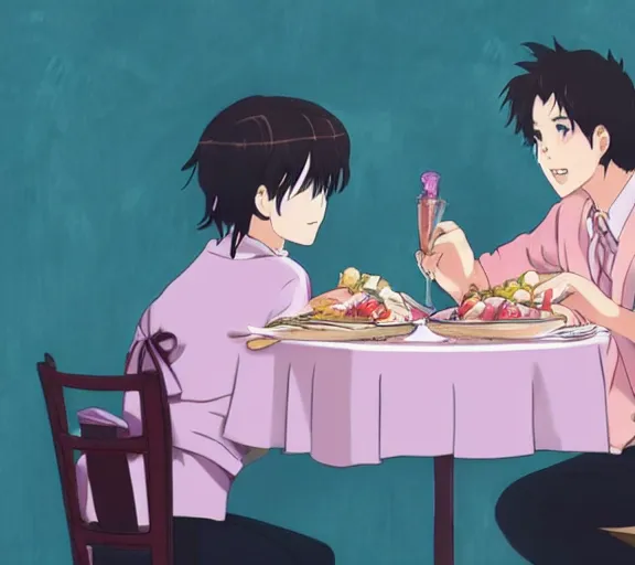 Image similar to A girl and her boyfriend are eating at a fast luxurious restaurant, there are pink hearts around their heads, anime art, hd, smooth, elegant, Studio Ghibli