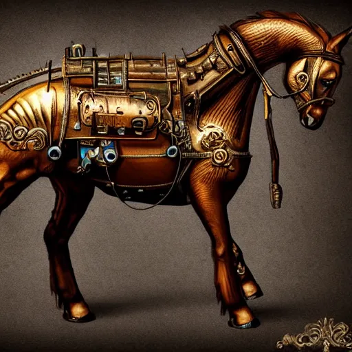 Image similar to steampunk horse in the 1 8 0 0 s, highly detailed digital art, trending on artstation, epic, extremely detailed