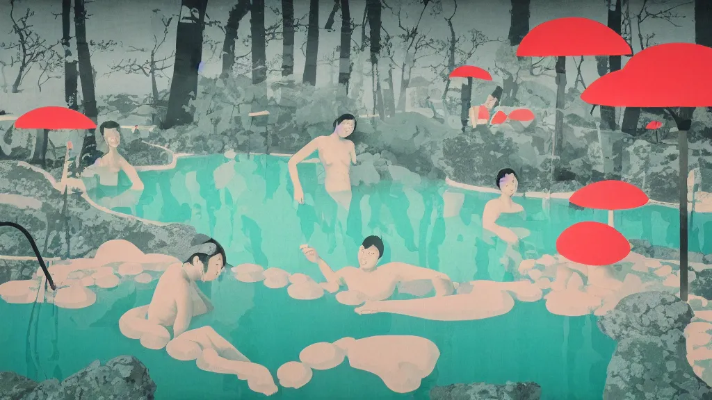 Prompt: japan natural hot spring, a collage painting, in the style of wes anderson, lola dupre, david hockney, isolated on negative space background dark monochrome neon spraypaint accents volumetric octane render