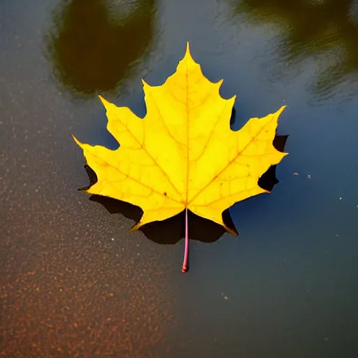 Image similar to close - up of a yellow maple leaf floating on top of a pond