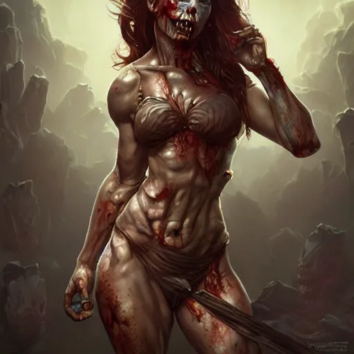 Prompt: muscular female zombie, deep focus, d & d, fantasy, intricate, elegant bikini, highly detailed, digital painting, artstation, concept art, matte, sharp focus, illustration, hearthstone, art by artgerm and greg rutkowski and alphonse mucha