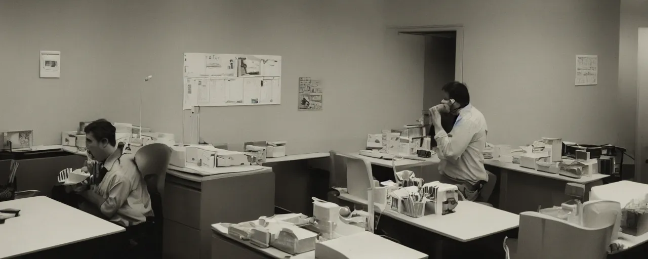 Image similar to security cam photo of a worker eating spaghetti!! alone at their cubicle, evening, kodachrome, in the style of wes anderson, retro