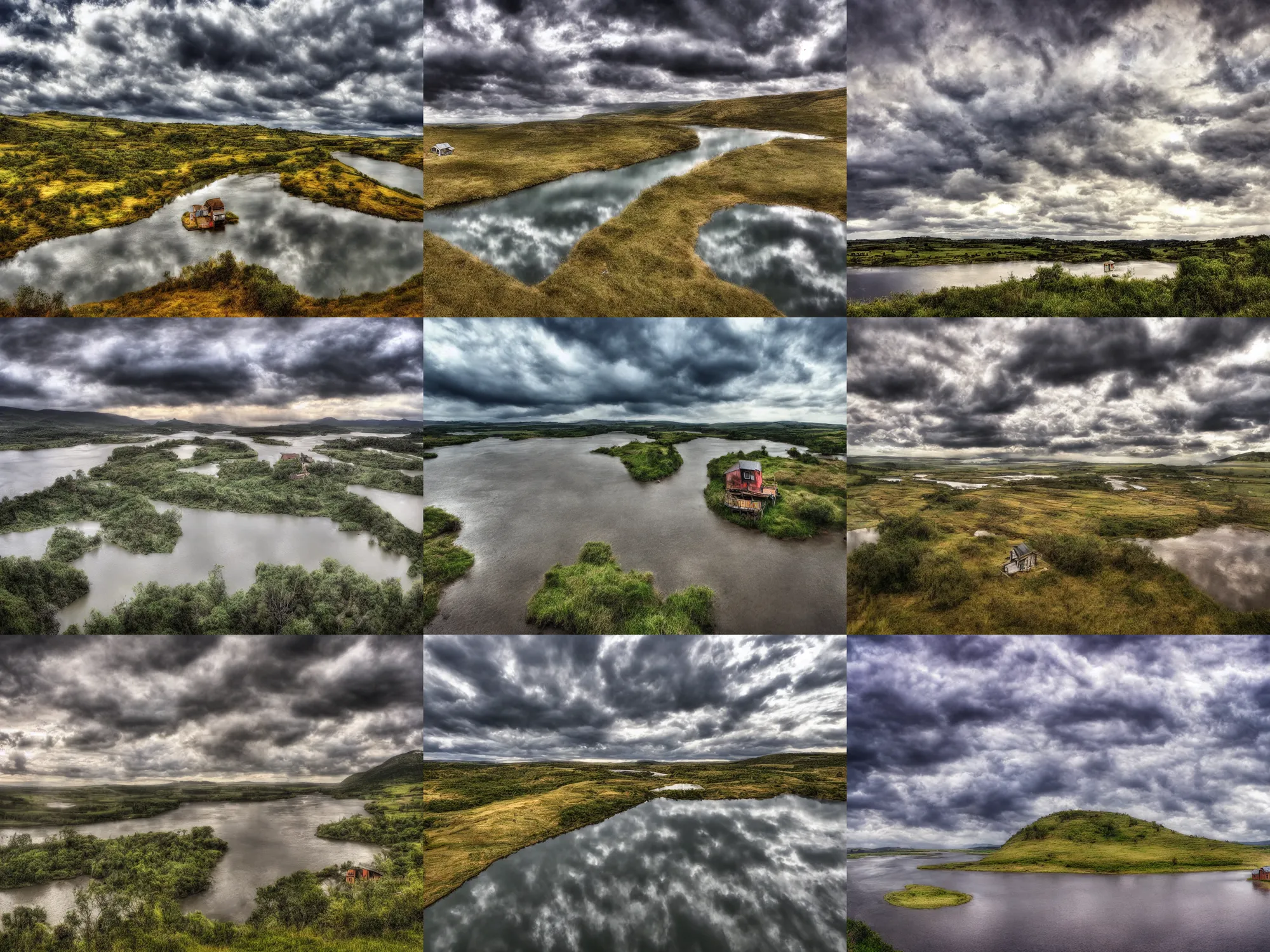 Prompt: wide river and tiny house on the top of the hill, dream heavenly cloudy sky, epic wide sky and horzon, stromy clouds, volumetric lighting, very beautiful scenery, pastel colors, ultra view angle view, T Allen Lawson and Ian Fisher sidney richard percy