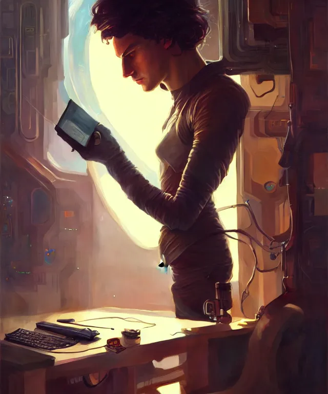 Image similar to Hacker man hacks computer, highly detailed, digital painting, artstation, concept art, smooth, sharp focus, illustration, art by artgerm and greg rutkowski and alphonse mucha