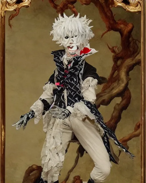 Image similar to tokyo ghoul monster ken kaneki character wearing a beautiful 1 8 th century suit with a tie, rococo style, francois boucher style, highly detailed, very realistic, painterly style