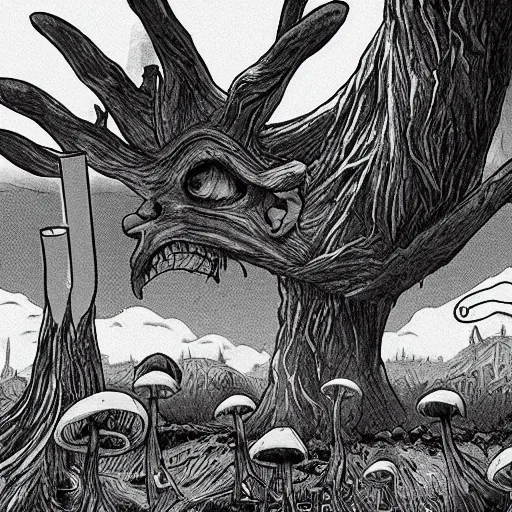 Image similar to 4 k headshot portrait of a psychedelic demonic anthropomorphic wendigo smoking a hand - rolled cigarette smoking heavily, magic mushroom village in background. award winning. superb resolution. in the art style of junji ito and greg rutkowski. detailed mushroom city in background. hyper realistic anime. perfect art. dalle 2