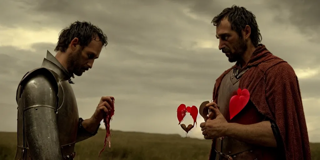 Image similar to film still of closeup the knight holds a bleeding heart in his hand by emmanuel lubezki