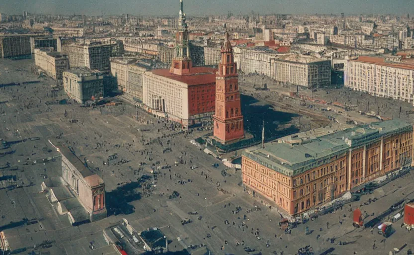 Image similar to high quality 2000s historic footage of soviet square with lenin statue with stanilist style high rise and pedestrians, color aerial photo drone, Cinestill 800t ektachrome, heavy grainy picture, very detailed, high quality, 4k panoramic