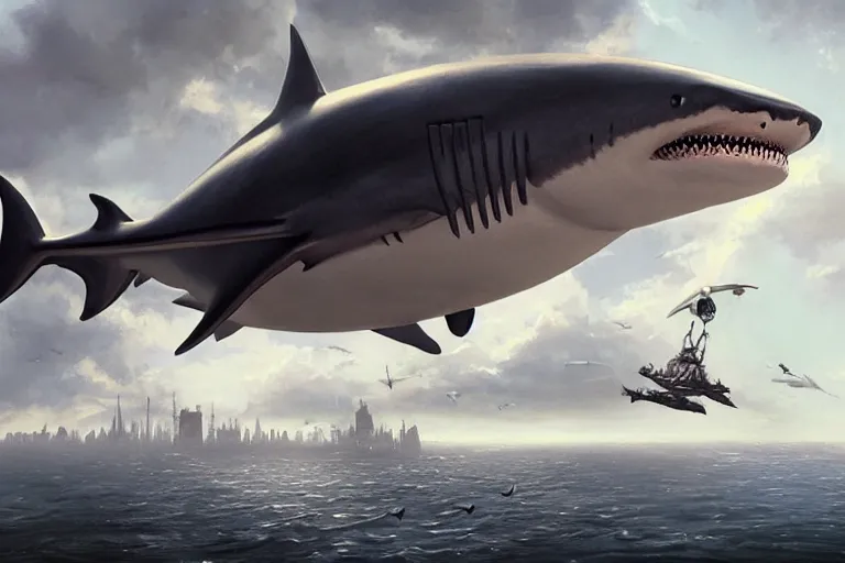 Prompt: a SHARK blimp, steampunk, digital art, extremely detailed, flying over a city, greg rutkowski, cinematic