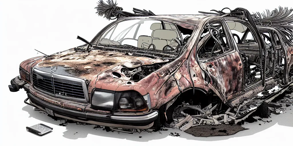 Image similar to a big woman axolotl in burning wrecked mercedes 1 2 4, ultrafine hyperdetailed illustration by kim jung gi