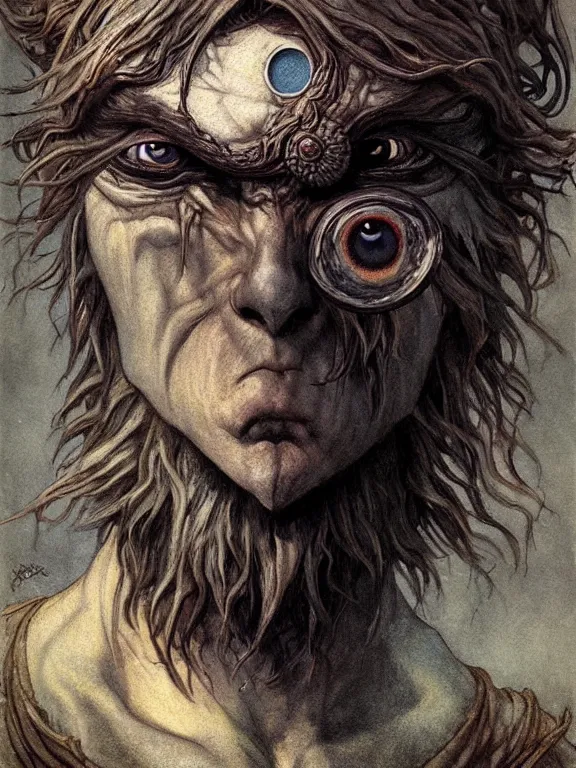 Image similar to one-eyed unbrushed cyclops concept art with one huge eye in the center and with smooth skin in place of the nose. Extremely high detail, details, realistic, fantasy art, solo, masterpiece, portrait painting, saturated colors, art by Arthur Rackham, Dariusz Zawadzki, Muzinabu