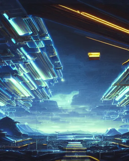 Image similar to cult of technology, exterior of scifi temple, machines, robots, ultra realistic, golden computers, blue, white, highly detailed, mountains, clouds, atmosphere, masterpiece, epic lighting, glowing wires, mysterious, illuminated, 4 k, cinematic, art by patryk olkiewicz and chris ostrowski and liang yao