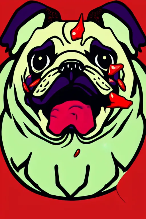 Image similar to Evil pug, the devil, sticker, blood thirsty, spawn of Satan, blood, evil, colorful, illustration, highly detailed, simple, smooth and clean vector curves, no jagged lines, vector art, smooth