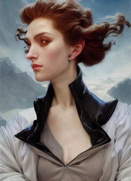 Prompt: scientist demon half human, elegant, wearing a bomber jacket, armor, hyper realistic, white horns, extremely detailed, dnd character art portrait, fantasy art,, dramatic lighting, vivid colors, artstation, by edgar maxence and caravaggio and michael whelan and delacroix, lois van baarle and bouguereau