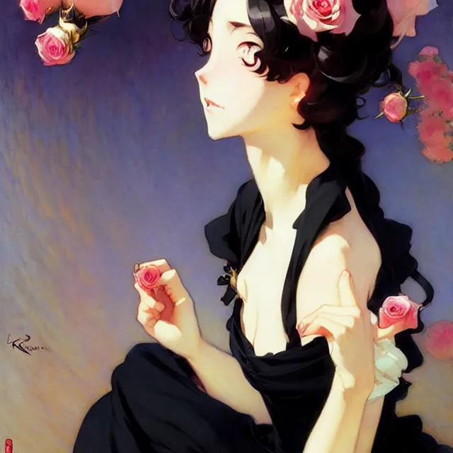 Image similar to beautiful rose anime girl in elegent black dress, krenz cushart, mucha, ghibli, by joaquin sorolla rhads leyendecker, by ohara koson