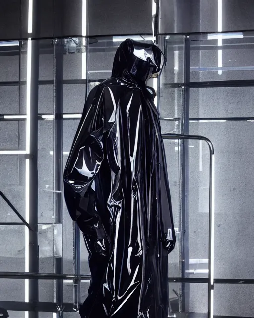 Image similar to an award winning fashion photograph of Balenciaga's transparent raincoat by Catherine Opie and Hajime Sorayama, Demna Gvasalia, cyberpunk, futuristic, Bladerunner 2049, dazzle camouflage!