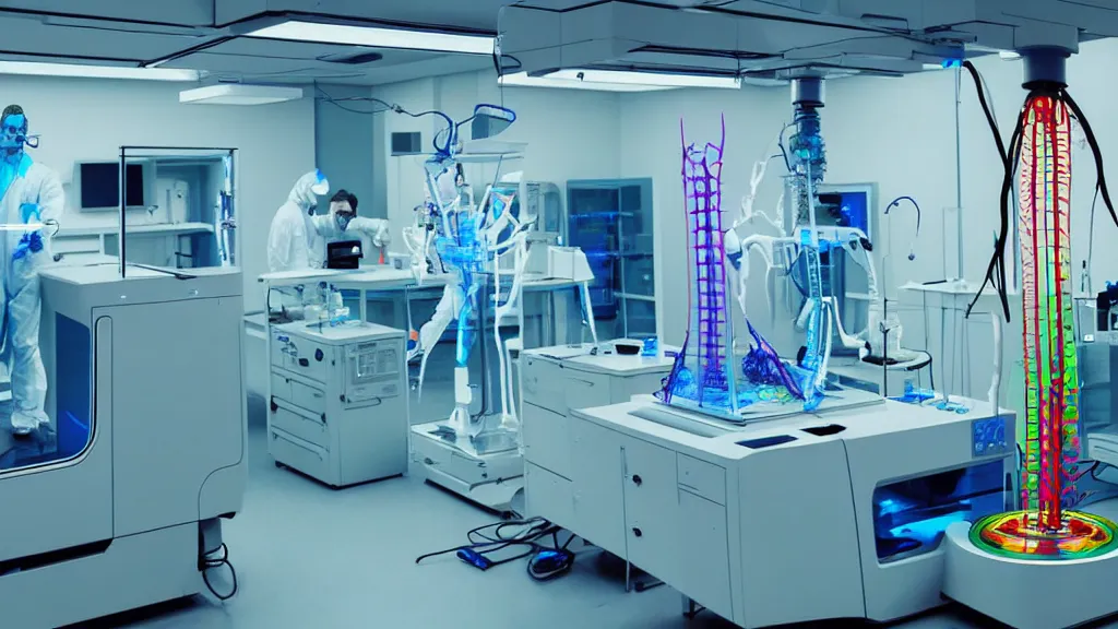 Image similar to a complex bifurcated surgical arm hybrid mri 3 d printer machine making colorful mutant forms with control panels in the laboratory inspection room, film still from the movie directed by denis villeneuve with art direction by salvador dali, wide lens