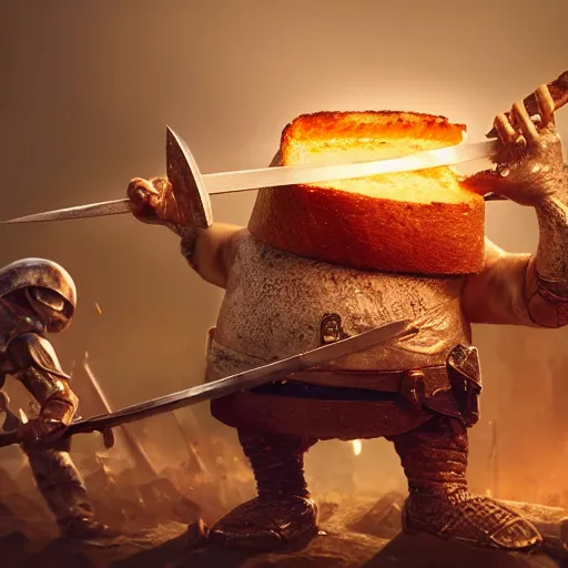 Image similar to medieval battle toast, a slice of toasted bread with a face, arms and legs, holding a sword, cute, pixar, volumetric lighting, dynamic composition, fantasy, hyper detailed, ultra realistic, sharp focus, octane render, concept art by ruan jia and heng z and artem