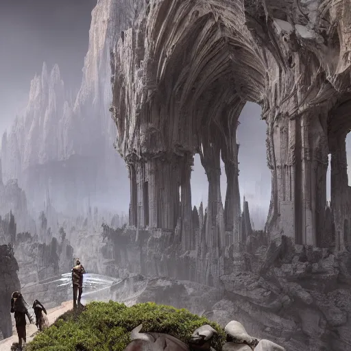 Prompt: stunning city of stone inside a gray granite canyon, fusion of star wars and gothic revival architecture, by marc simonetti, natural volumetric lighting, realistic 4k octane beautifully detailed render, 4k post-processing,