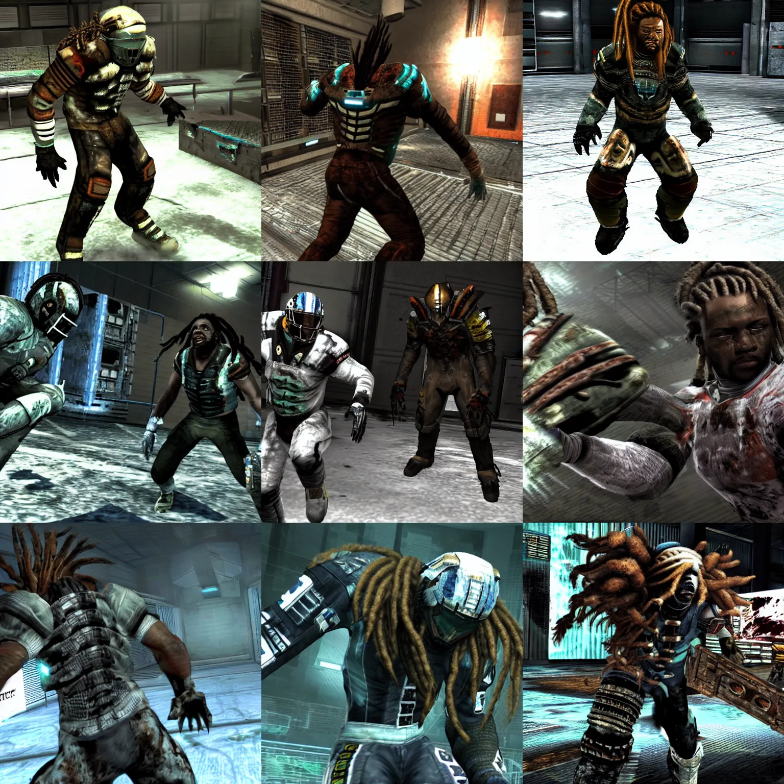 Prompt: game screenshot of woolie madden in dead space 1 with dreadlocks, stomping on a necromorph