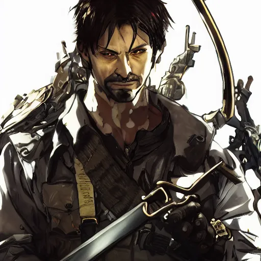 Image similar to portrait of a hero holding his sword in front of his face by yoji shinkawa, high quality, extra details, realism, ornate, colored, golden chain, blood, white skin, short hair, brown eyes, vivid, sunlight, dynamic, american man, freedom, white american soldier, spray pain style