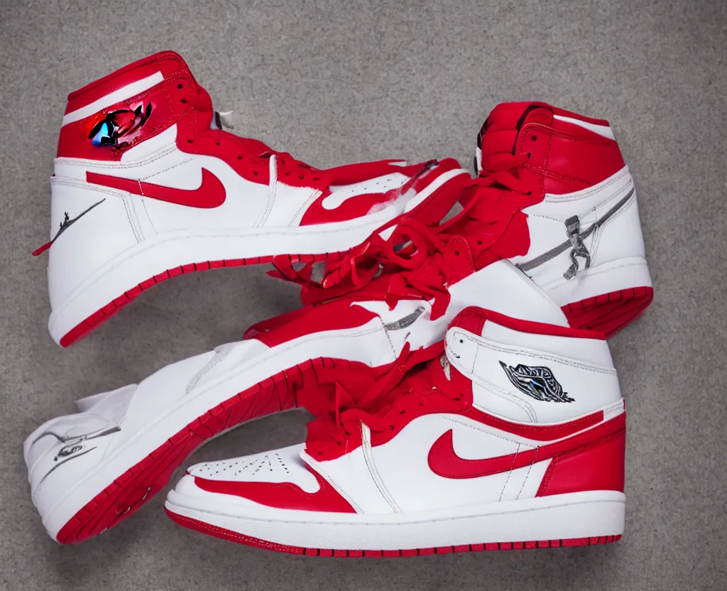 Image similar to a press photograph of nike air jordan 1 high red and white, size 1 0, white background