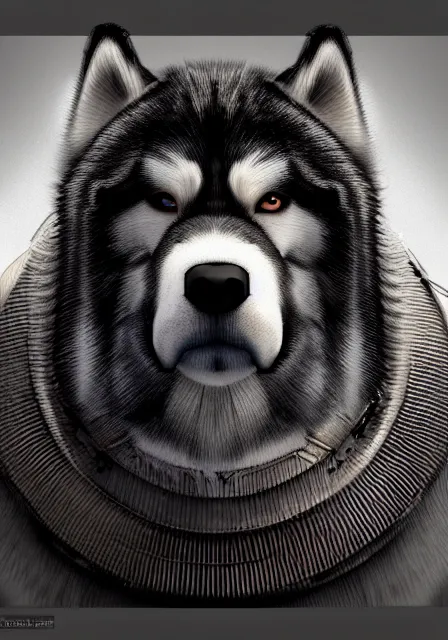 Image similar to hyper realistic ultra - detailed portrait of alaskan malamute face, steampunk hat with goggles and gears, upper body, detective coat, sharp focus, illustration, fantasy style, octane render, concept art, smooth, volumetric lighting, 8 k high definition, intricate, wide shot, by greg rutkowski, highly detailed, trending on art station