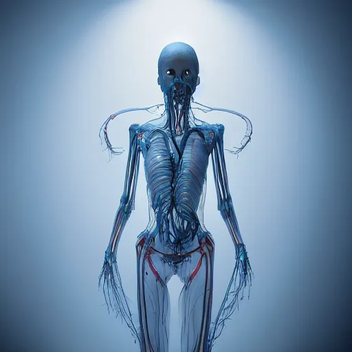 Image similar to a human - shaped anatomical ghost covered in fluid silk, ethereal, veins nerves, tendons wires, machines, highly detailed, backlit, dark atmosphere, octane render, unreal engine, photorealist, procedural light
