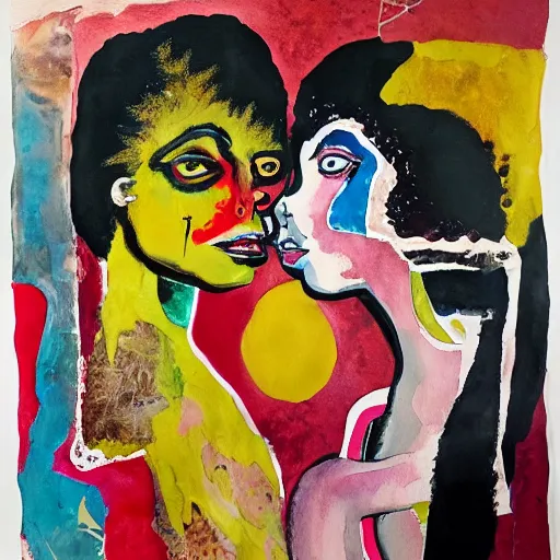 Image similar to watercolor painting of two bizarre psychedelic goth women kissing each other closeup in a cafe in spain, speculative evolution, mixed media collage by basquiat and jackson pollock, maximalist magazine collage art, sapphic art, lesbian art, chemically damaged