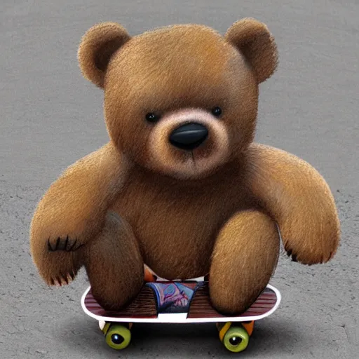 Prompt: teddy bear riding a skateboard, photo realism