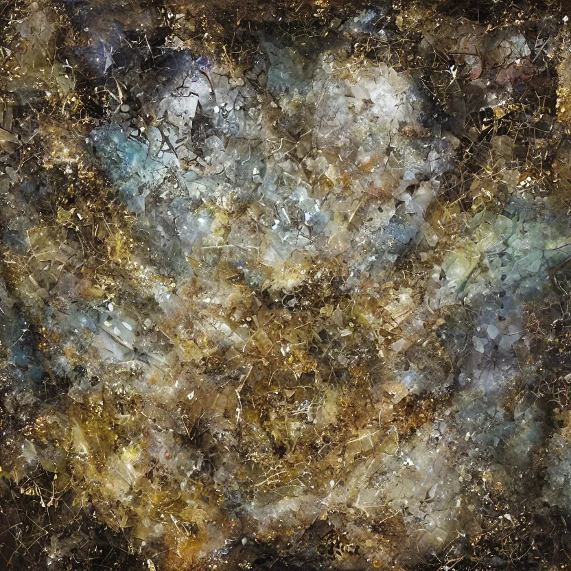 Image similar to the merge, clear crystals embedded, gold trim, faded worn, decay texture, the merge, hyper realistic, intricate concept art painting, quantum fantasy, the merge, super merge, narrative nature, grotesque dark, the merge,