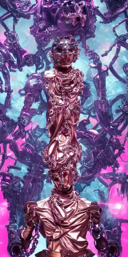 Prompt: full-body baroque and cyberpunk style sculpture of a young seductive Hispanic prince half android with a chest exposing a glowing gemstone battery and a CRT monitor face, glowing pink seductive laser eyes, crown of blue gears and diamonds, swirling salmon-colored silk fabric, robotic raptors dinosaurs. baroque elements. full-length view. intricate artwork by caravaggio. art by Artgerm and Greg Rutkowski and Alphonse Mucha, Trending on artstation, cinematic industrial lighting, hyper realism, octane render, 8k, depth of field, 3D