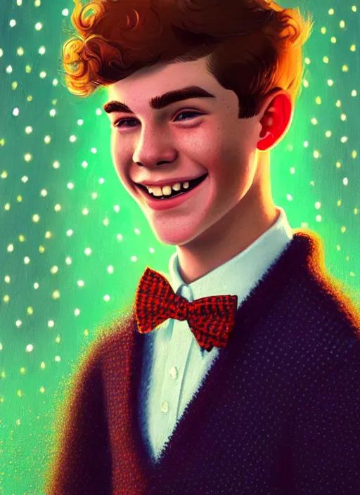 Image similar to portrait of teenage archie andrews, freckles, curly middle part haircut, curly hair, middle part hairstyle, smiling kindly, wearing a bowtie and sweater vest, intricate, elegant, glowing lights, highly detailed, digital painting, artstation, concept art, smooth, sharp focus, illustration, art by wlop, mars ravelo and greg rutkowski