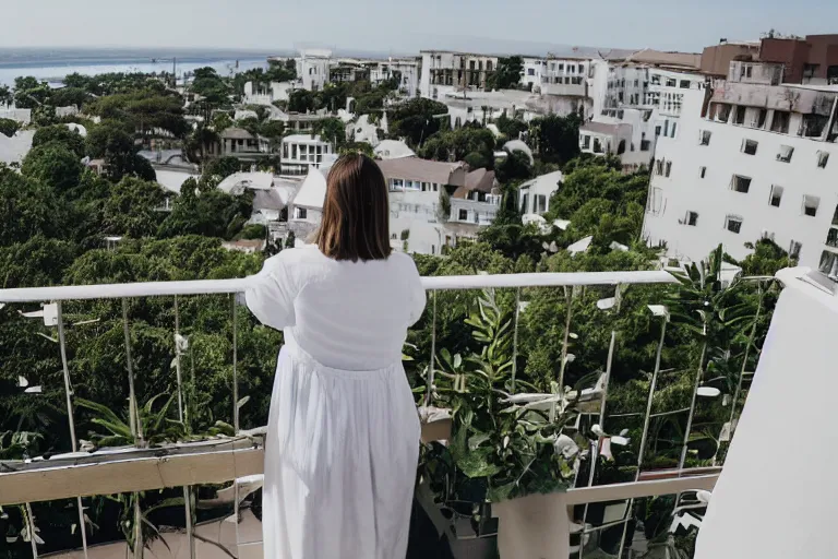 Prompt: a cinematic wideangle photograph of a singular woman wearing white clothing stood on a balcony looking out to the horizon, people walk through the frame in foreground, green plants, blue sky, beautiful lighting, ultra realistic, movie still, utopia, ultra realistic