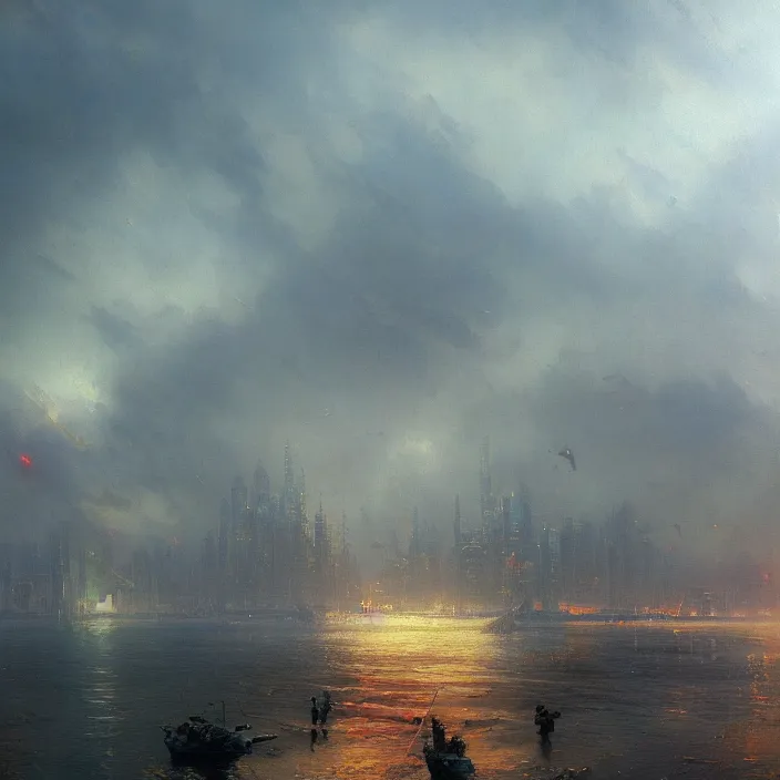 Image similar to a beautiful painting of a cyberpunk city on the sea by ivan aivazovsky and greg rutkowski and james gurney and frank lloyd and sung choi, in style of impressionnisme. hyper detailed, sharp focus, soft light. unreal engine 5 lumen. ray tracing. trending on artstation. oil on canvas