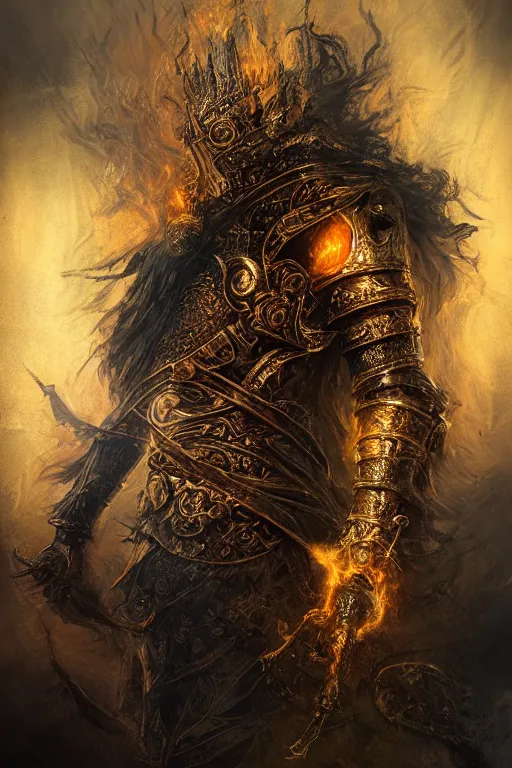 Image similar to portrait of a God made of fire, Dark Souls 3 themed, in style of Ruan Jia, insanely detailed and intricate, golden ratio, elegant, ornate, luxury, elite, matte painting, cinematic, cgsociety, James jean, Brian froud, ross tran, Laputa