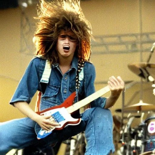 Prompt: 1 9 - year - old girl or boy with shaggy, unkempt, permed hair, double denim, headbanging, playing electric guitar, heavy rock concert, 1 9 9 2 live at lollapalooza, vhs quality