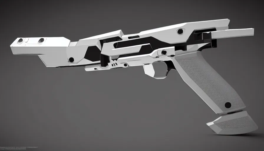 Image similar to extremely detailed ultra realistic photographic side view minimalist magnum pistol coilgun, detailed trigger, chemically propelled, battery, smooth streamline, battery and wires, railgun, chemrail, gauss, elegant sleek smooth body, white paint, smooth utopian design, ultra high quality, octane, artstation, destiny, warframe, terminator