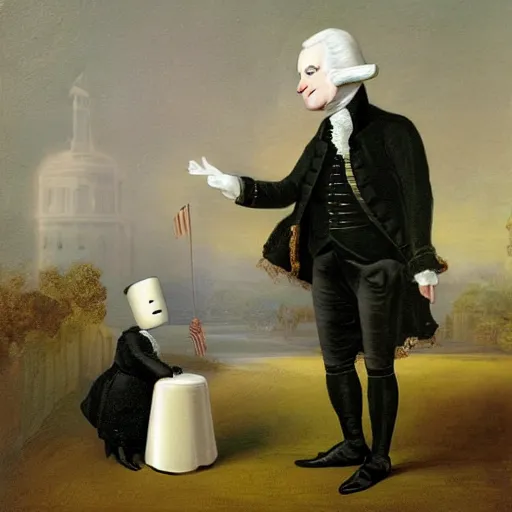 Image similar to Victorian painting of Marshmello greeting George Washington